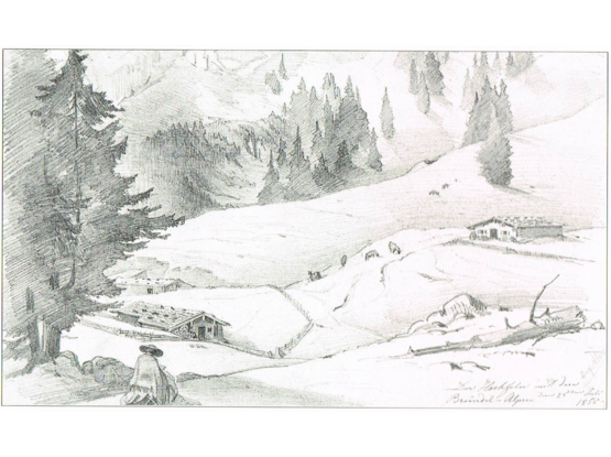 Links der Steirerkaser und rechts der Klauserkaser (TSV-Hütte) von Eugen Adam gezeichnet 1858