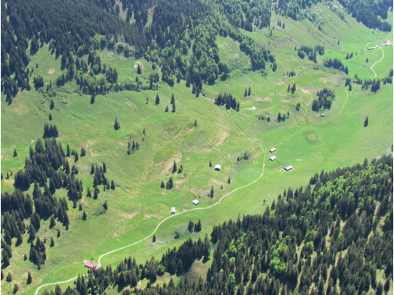 Blick vom Gleitschirm 2013, rechts am Bildrand die bereits auf Tiroler Gebiet liegende Alm Unterwiesen