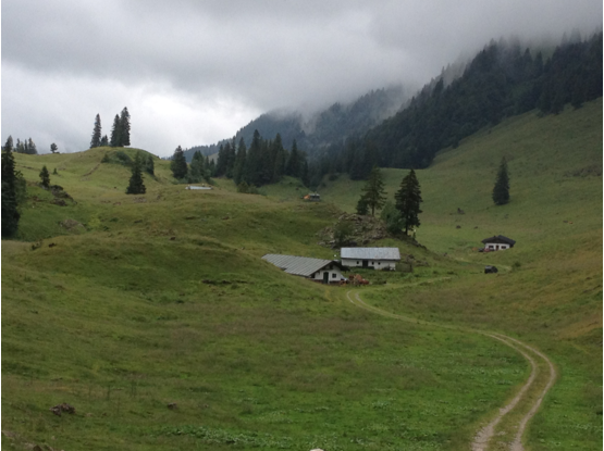 2014: Blick vom Weißnkaser auf den Keil- und den Siglkaser (Mitte), rechts der Fritznkaser, Bildmitte oben ehem. Zöllhäuschen, links das Dach der "Klepperhütte"